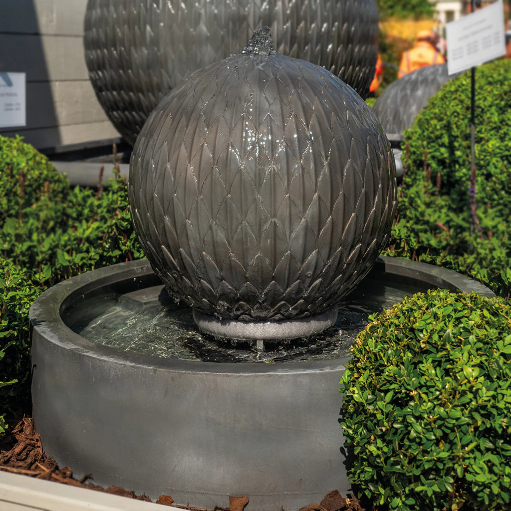 Round Leaf Ball Tumbling Water Feature by Spa Living, 50lb water feature with leaf design and tumbling water display